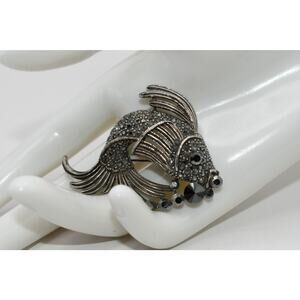 Vintage WM Marcasite Fish Brooch Silver Tone Rhinestone Figural Pin